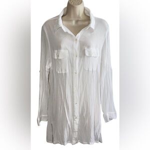 Lauren Ralph Lauren Crushed White Cotton Camp Shirt Swim Cover-Up Size L